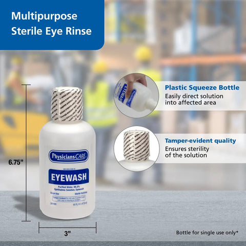 Front view of PhysiciansCARE eye wash bottle, 16 oz, plastic squeeze bottle with sterile isotonic solution