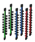 Six Piece Socket Organizer Rail Set With 360 Degree Swivel Clips Holds 108 Sockets Across Quarter Inch Three Eighths Inch And Half Inch Drives Double Sided Trays For Your Toolbox And Garage, showing multiple colored rails with swivel clips.