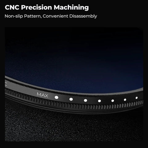 Close-up of 52mm Variable ND Filter For Cameras With 1 To 9 Stops Light Reduction Ultra Slim Profile 18 Layer Coatings To Cut Glare
