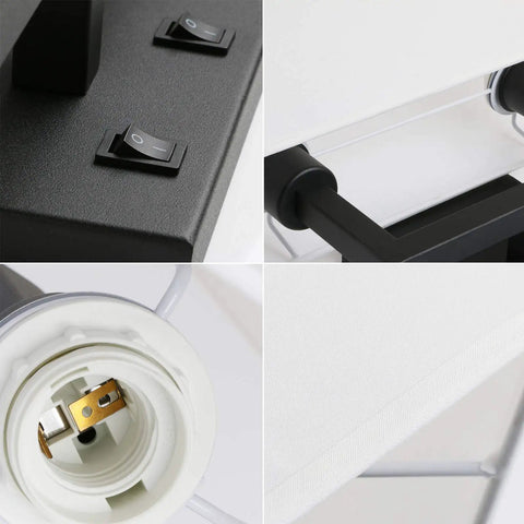 Close-up details of Double Black Wall Sconce Set With White Textile Shades And Easy On Off Switch Modern Living Room Bedroom Bedside Lighting Fixture For Cozy Vibe Lighting Works With E26 Bulbs And Dimmable Options.