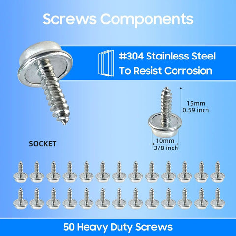 Marine Grade Stainless Steel Boat Cover Snap Kit 150 Pieces Three Eighth Inch Socket Fasteners product image with screws and sizes