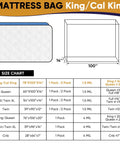 Size chart and dimensions of King and Cal King Mattress Bag for Moving and Storage, Heavy Duty Waterproof Plastic Mattress Cover