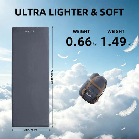 Light As A Feather Ultralight Packable Sleeping Bag For Adults For Backpacking Camping And Hiking Lightweight Gear Weighs About 1.5 Pounds And Compresses Down To 7.9 Inches For Easy Fit In Any Backpack Or Car Trunk, shown unpacked and packed.