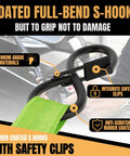 Coated full-bend S-hooks with safety clips attached to Heavy Duty Retractable Ratchet Straps Made To Haul Your Rig Without The Headache One Inch By 12 Feet With A Serious 1760 Pound Breaking Strength Engineered To Fasten Motorcycles UTVs ATVs And Trailers Delivered In Neon Green Two Pack Bundle.
