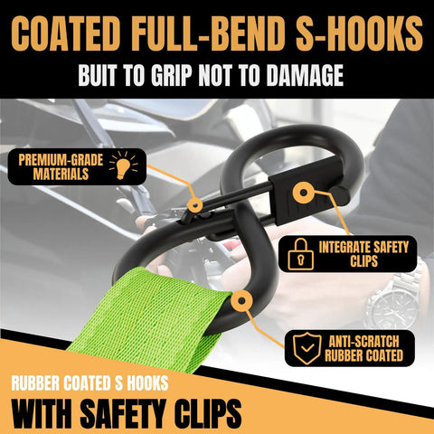 Coated full-bend S-hooks with safety clips attached to Heavy Duty Retractable Ratchet Straps Made To Haul Your Rig Without The Headache One Inch By 12 Feet With A Serious 1760 Pound Breaking Strength Engineered To Fasten Motorcycles UTVs ATVs And Trailers Delivered In Neon Green Two Pack Bundle.