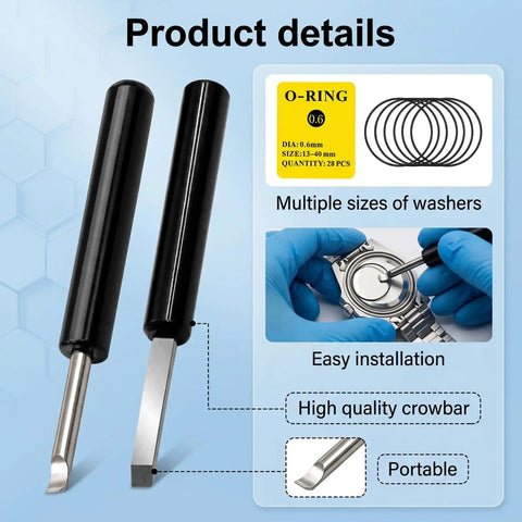 Beefy Watch Repair Kit With O Ring Gaskets And Seals, Waterproof Oil, Pry Knife And Crescent Knife, close-up of tools and gaskets.