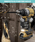 Eastpace cordless drill angled side view with black-and-gold finish drilling into wood; cobalt bit in chuck.