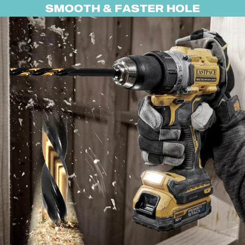Eastpace cordless drill angled side view with black-and-gold finish drilling into wood; cobalt bit in chuck.