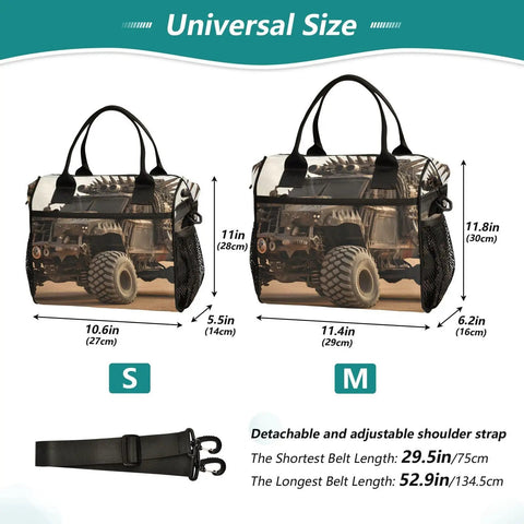 Two sizes of Monster Truck Desert Insulated Cooler Bag Lunch Box Tote with detachable strap on display.