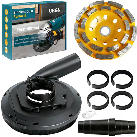 All-In-One Angle Grinder Dust Shroud 4.5 and 5 Inch With Diamond Concrete Grinding Wheel, Fits Most Grinders, Multi-Size Hose Adapter, Four Sizing Rings For Tight, Clean Dust Control product image showing components and packaging.