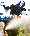Water Pressure Booster Pump For Home And RV 110V Self Priming Diaphragm Pump Delivers 5.5 GPM And Adjustable 30 To 75 PSI showcasing flow.