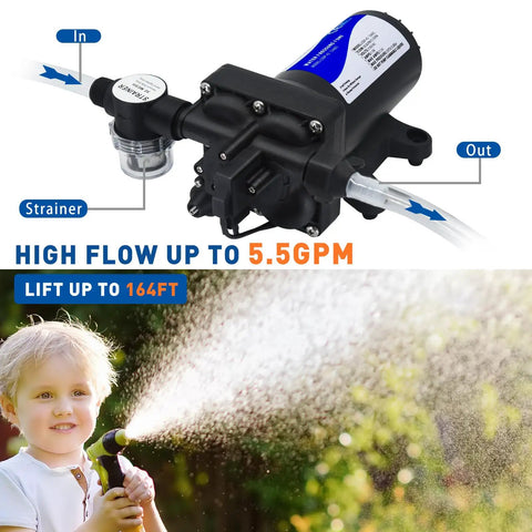 Water Pressure Booster Pump For Home And RV 110V Self Priming Diaphragm Pump Delivers 5.5 GPM And Adjustable 30 To 75 PSI showcasing flow.