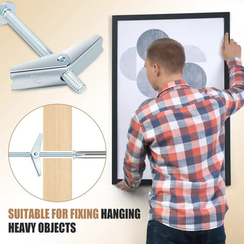 200 Piece Toggle Bolt Kit With Wing Nuts For Drywall One Quarter Inch By Three Inch Heavy Duty Wall Anchors Includes Toggle Bolts And Butterfly Nuts For Home Projects And Small Renovations, man hanging framed picture on drywall