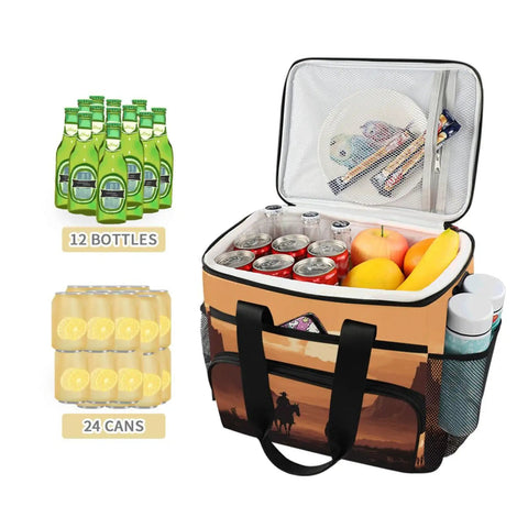 Desert Cowboy Insulated Lunch Bag With Shoulder Strap Reusable Cooler Lunch Box containing cans, fruits, and snacks, 15L capacity