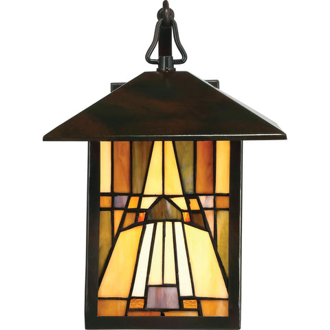 Tiffany Style Outdoor Wall Lantern With Handcrafted Orange Yellow Brown Art Glass Geometric Classic Design 1 Light 100W Incandescent Valiant Bronze Finish For Porch Patio And Exterior Lighting