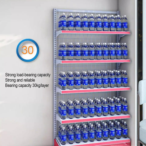 Heavy Duty Double Sided Four Tier Retail Display Rack Space Saving Commercial Shelving Unit For Grocery Stores Built Different With Multiple Steel Levels For Easy Inventory Organization, showcasing water bottles on shelves.