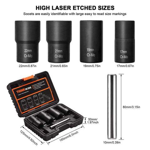 Lug Nut Removal Kit For Stripped And Frozen Bolts With Half Inch Drive 5 Piece Wheel Lock Set with socket sizes 17-22mm