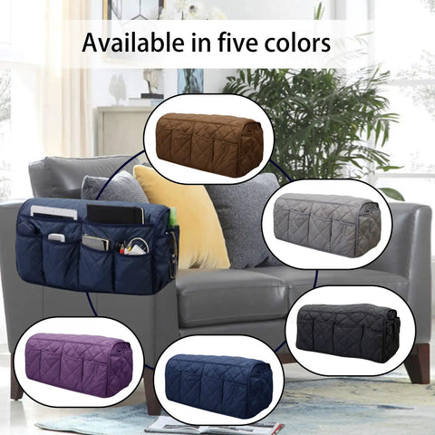 Armchair Caddy With 14 Pockets Waterproof Non Slip Sofa Armrest Organizer displayed in five colors on a couch