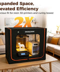 Extra Large Resin 3D Printer Enclosure With Ventilation System And LED Light shown in a home setting, accommodating dual printers.