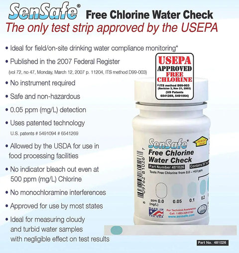 Free Chlorine Test Strips, USEPA Approved Method D99-003, 50-bottle pack for hassle-free testing and pro-level accuracy.