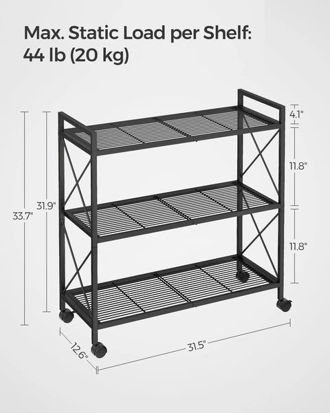 Three Tier Rolling Steel Storage Rack With Mesh Shelves Smooth Wheels Heavy Duty Entryway Organizer dimensions and details