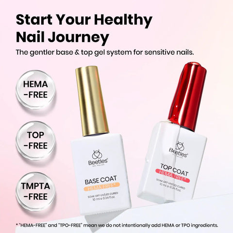 Pro Grade HEMA Free And TPO Free Gel Base And Top Coat Set with bottles of base and top coat against pink background