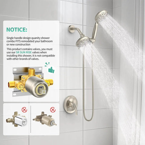 Rain And Handheld Shower System With Five Spray Dual 2 In 1 High Pressure Shower Faucet 3 Way Diverter Brushed Nickel Finish Valve