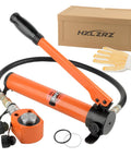 HZLZRZ 10 Ton hydraulic jack kit with CP-180 manual pump; orange cylinder, hose, gloves, and box
