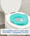 Interactive Toddler Potty Trainer Chair With Snappy Audio Clips And Upbeat Tunes, Two In One, featuring a detachable potty seat ring on white toilet.