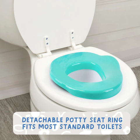 Interactive Toddler Potty Trainer Chair With Snappy Audio Clips And Upbeat Tunes, Two In One, featuring a detachable potty seat ring on white toilet.