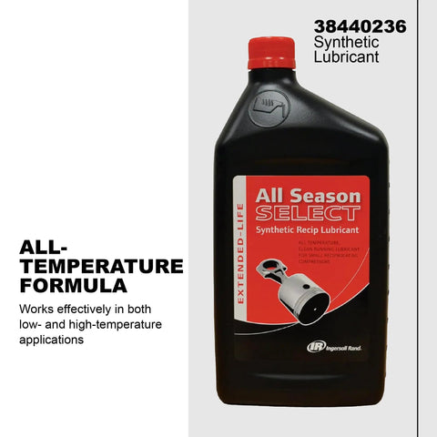All Season Select Synthetic Lubricant For Reciprocating Compressors All Temperature Blend 1L Bottle Extends Life Four Times Longer Than Petroleum Reduces Wear And Carbon Build-Up Keeps Your System Running Smooth.