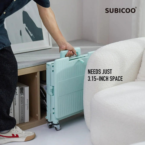 Person storing Folding Utility Cart With Lid Portable Rolling Handcart Collapsible Shopping Trolley On Four Swivel Wheels in narrow space