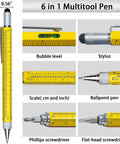 6-in-1 aluminum pen features level, stylus, scale, ballpoint, Phillips and flat-head screwdrivers; part of Two Piece Multitool Pen Set For Everyday Carry With Nine In One Steel Pen And Six In One Aluminum Pen Includes Gift Box Bonus Batteries And Refills Perfect Stocking Stuffers And EDC Gadgets For Men Christmas And Birthday Gifts.