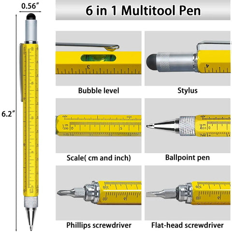 6-in-1 aluminum pen features level, stylus, scale, ballpoint, Phillips and flat-head screwdrivers; part of Two Piece Multitool Pen Set For Everyday Carry With Nine In One Steel Pen And Six In One Aluminum Pen Includes Gift Box Bonus Batteries And Refills Perfect Stocking Stuffers And EDC Gadgets For Men Christmas And Birthday Gifts.