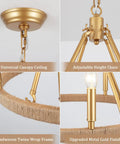 Collage of details in Lit Black Five Light Dining Room Chandelier Modern Pendant Lighting Fixture with gold finish and twine frame.