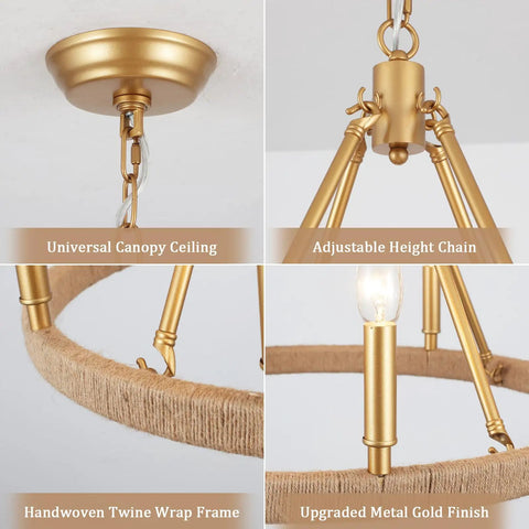 Collage of details in Lit Black Five Light Dining Room Chandelier Modern Pendant Lighting Fixture with gold finish and twine frame.