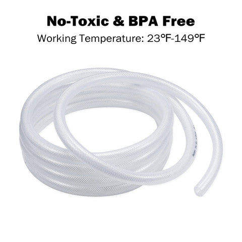 Coiled 1-inch ID clear braided PVC tubing; transparent, flexible reinforced plastic hose