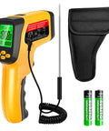 Dual Mode Infrared Temperature Gun With Non Contact IR And K Type Probe From Minus 58 To 1472 Fahrenheit shown with accessories