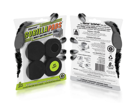 Straight Up Solid Non Slip Furniture Pads 2 Inch Round Black Heavy Duty Grippers Set Of 8 in packaging with instructions visible.