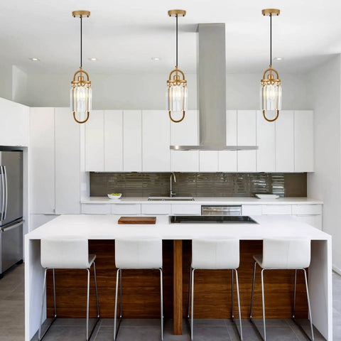 Three Pack Gold Crystal Pendant Lights Set for Kitchen Island and Hallway Sparkling Crystal Beads Easy Install Ceiling Hanging Fixtures above modern kitchen island