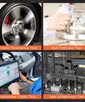 Four panel image showing abrasion resistance, bolt firmness, traffic test, and seal airtightness for the front wheel hub and bearing assembly.