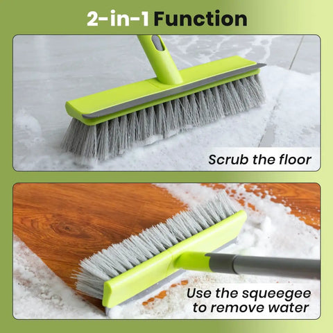 2 In 1 Floor Scrub Brush With Stiff Bristles And Integrated Squeegee, Long 57 Inch Handle For Deep Cleaning Concrete, Patio