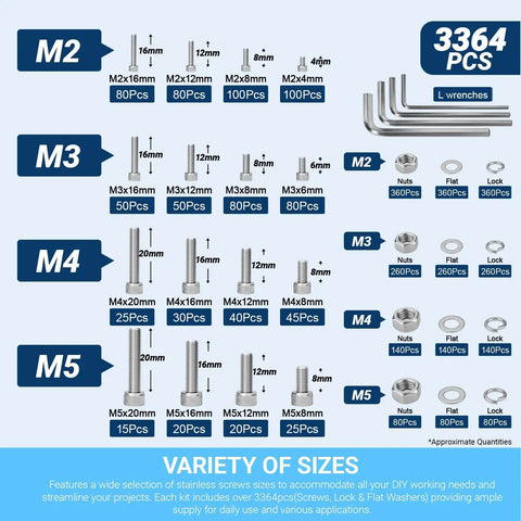 All In One Metric Screw Kit With M2 M3 M4 M5 Bolts, Nuts, Lock Washers And Flat Washers, 304 Stainless Steel 3364 Pieces