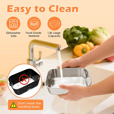 Electric Lunch Box Heater 100W Portable Food Warmer 1.8L being washed under tap, emphasizing easy cleaning and dishwasher safety.