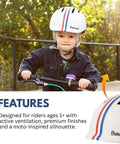 Child wearing Junior Toddler Helmet With Free Reflective Sticker Pack For Ages 1 And Up, Adjustable Dial Fit, Speedway Creme
