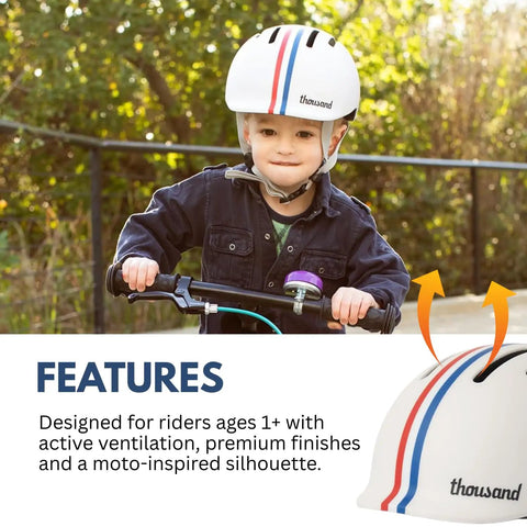 Child wearing Junior Toddler Helmet With Free Reflective Sticker Pack For Ages 1 And Up, Adjustable Dial Fit, Speedway Creme