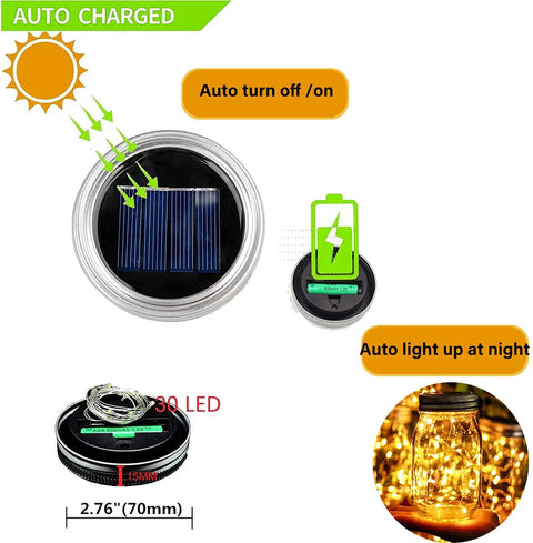 Solar Mason Jar Lid Lights 12 Pack With 30 LEDs For Outdoor Use Fairy In A Jar Style, auto charge and nighttime glow features