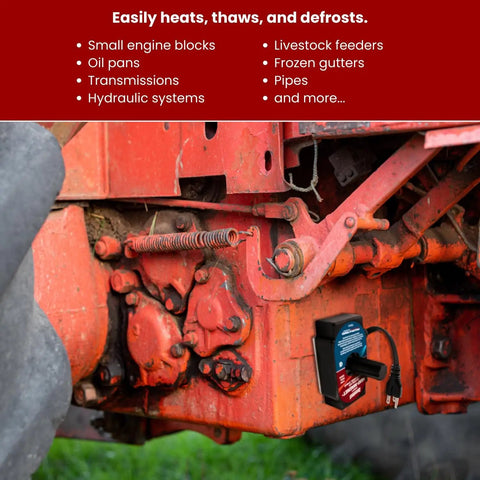 Magnetic Engine Block And Oil Pan Heater With Built In Thermostat 200 Watt attached to tractor engine for freeze protection.