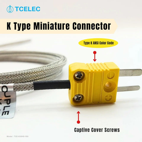 Front view of yellow TCELEC K-type miniature thermocouple connector with stainless steel probe and captive screws