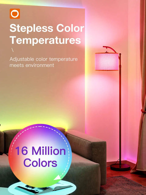 RGB Floor Lamp For Living Room with App Control, adjustable height from 60 to 73 inches, in dimmable color changing lighting setup.